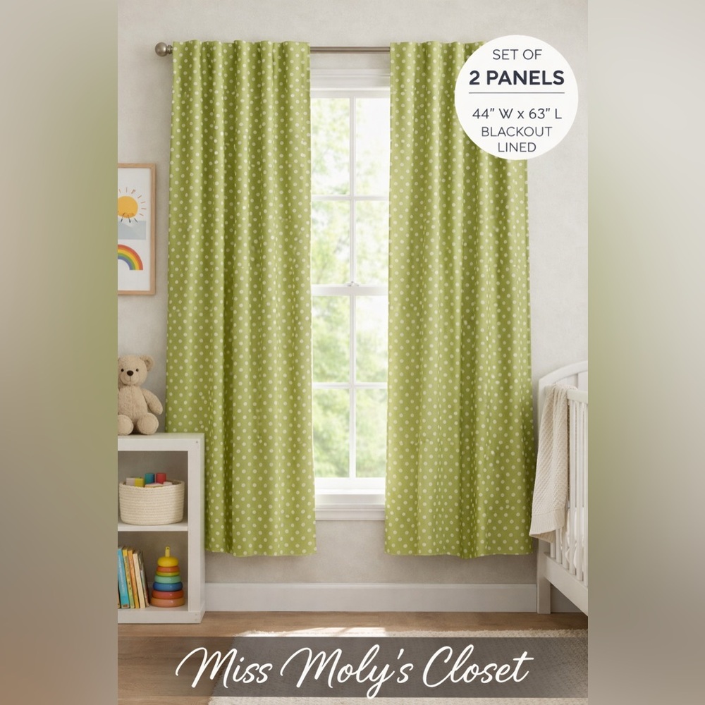 PBK Pottery Barn Kids Green Polka Dot Blackout Curtains 44x63 Lined Panels Pair